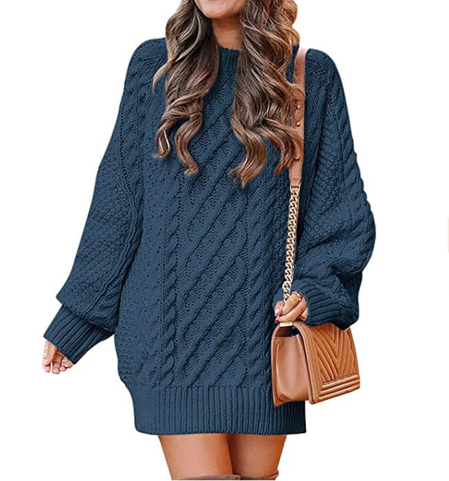 Women's Round Neck Long Sleeve  Mid-length Dress Sweater