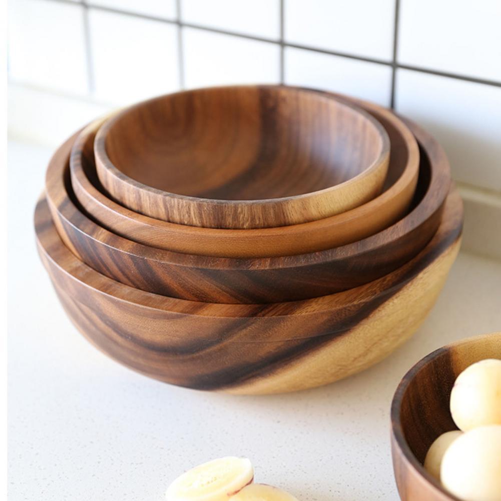 Kitchen Natural Wooden Bowl Household Fruit Bowl Salad Bowl Food Container Wooden