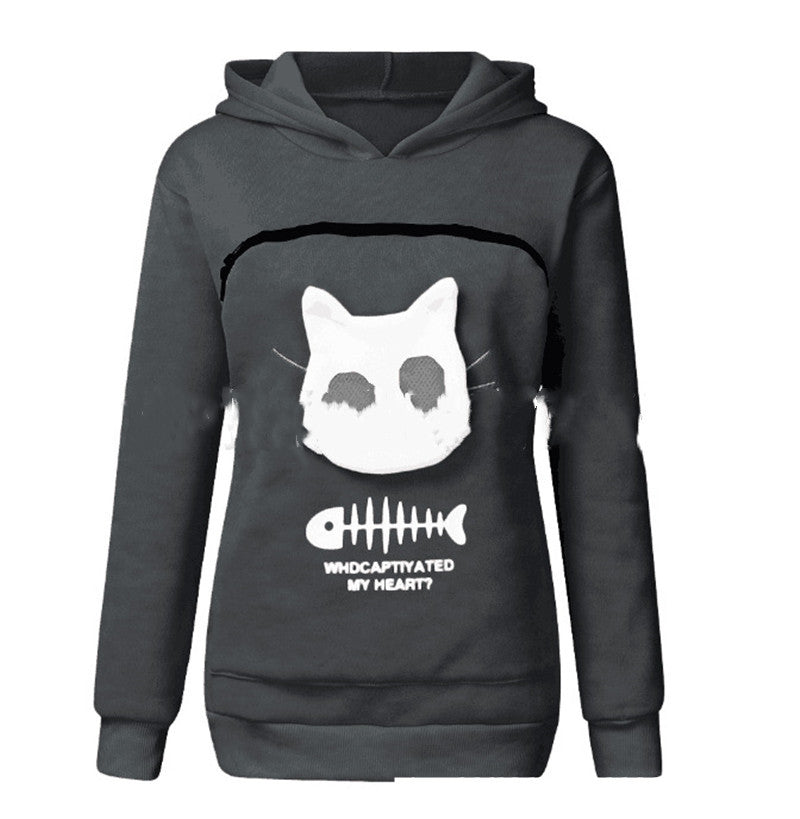 Women's Hoodie Sweatshirt With Cat Pet Pocket Design Long Sleeve Sweater