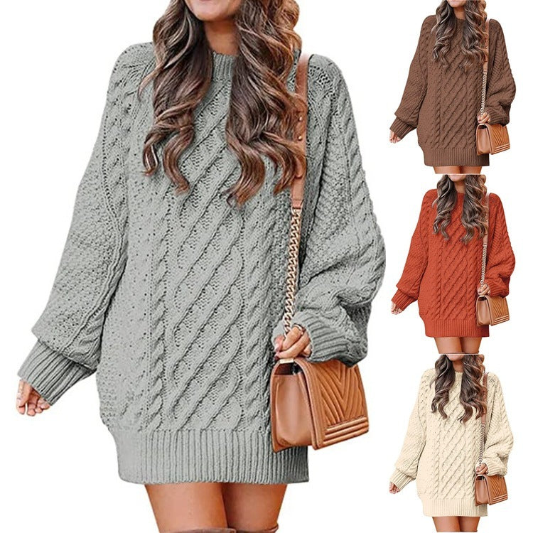 Women's Round Neck Long Sleeve  Mid-length Dress Sweater