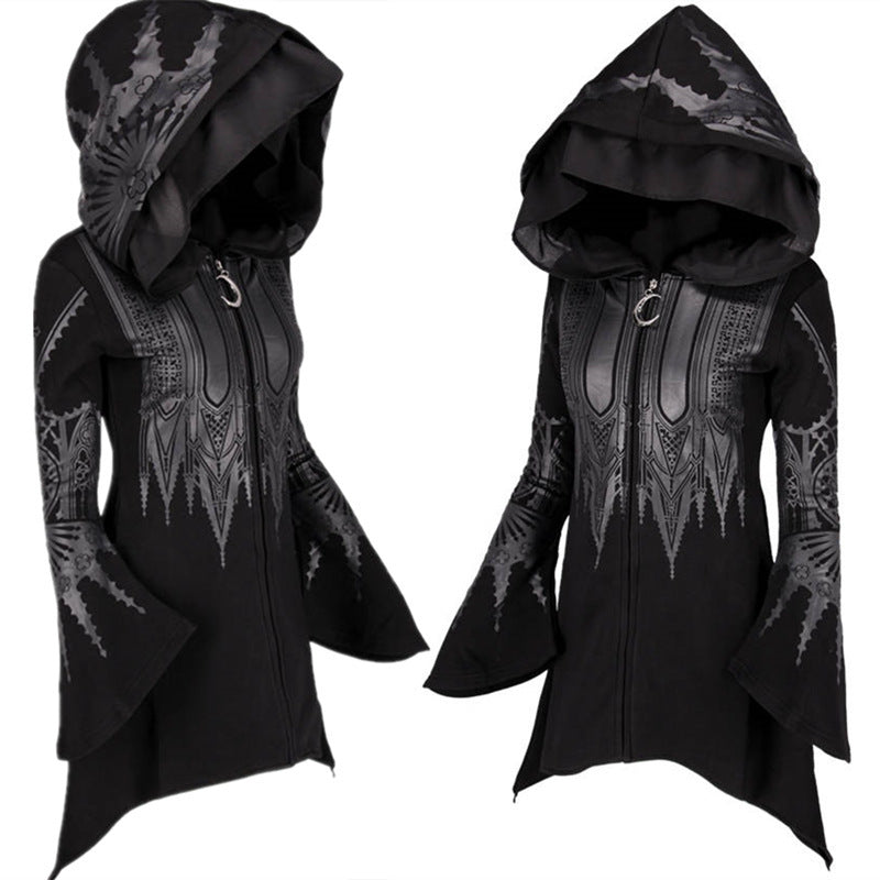 Hoodie Women's Black Long Hooded Printed Sweater