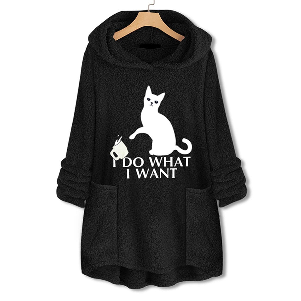 Hooded Pullover Cat Print Long Sleeve Sweater