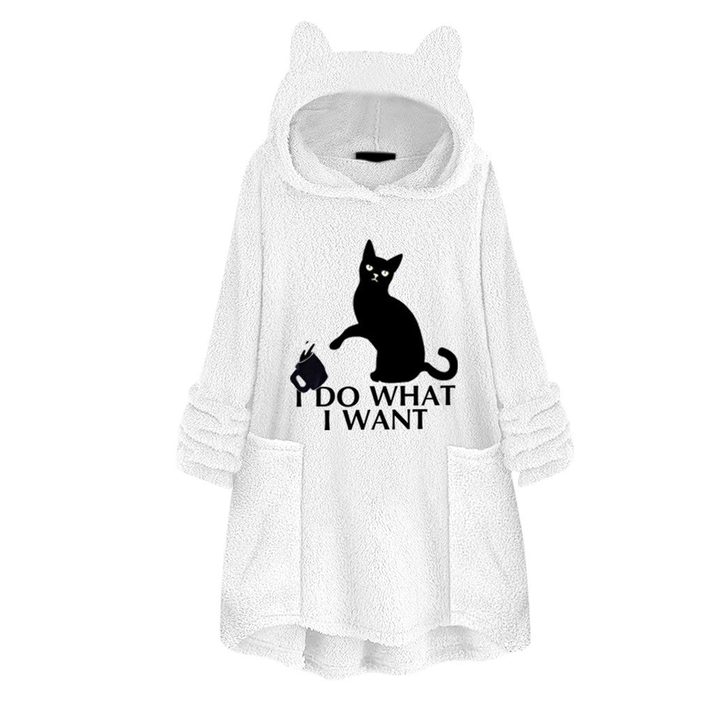 Hooded Pullover Cat Print Long Sleeve Sweater