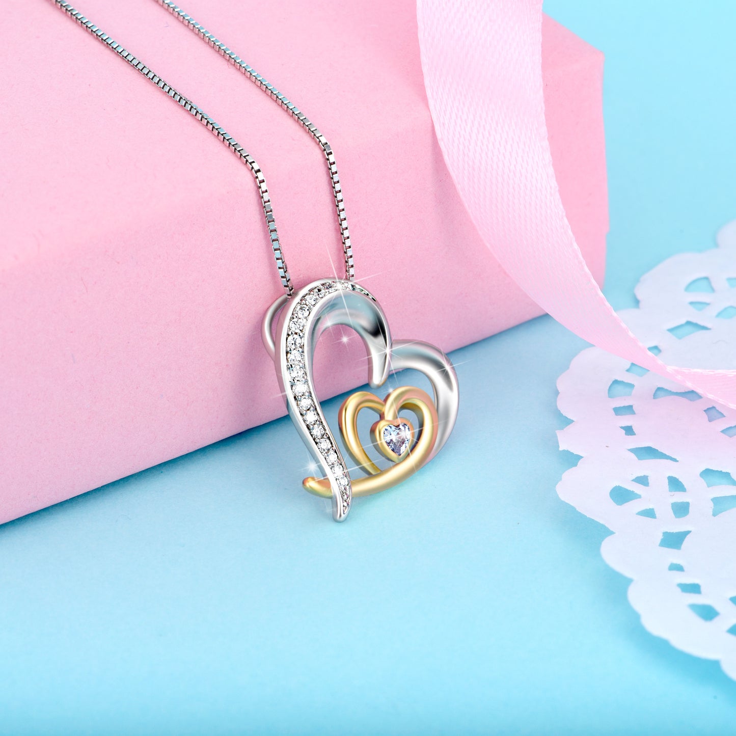 Two-tone Love Heart Moving Micro-inlaid Necklace