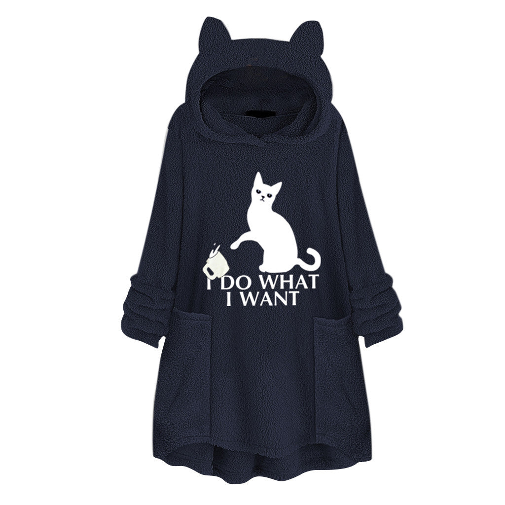 Hooded Pullover Cat Print Long Sleeve Sweater