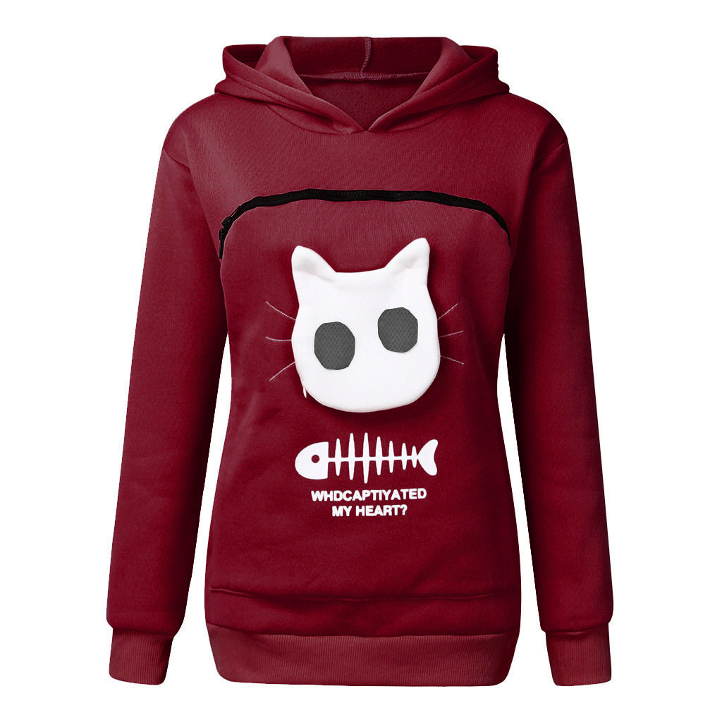 Women's Hoodie Sweatshirt With Cat Pet Pocket Design Long Sleeve Sweater