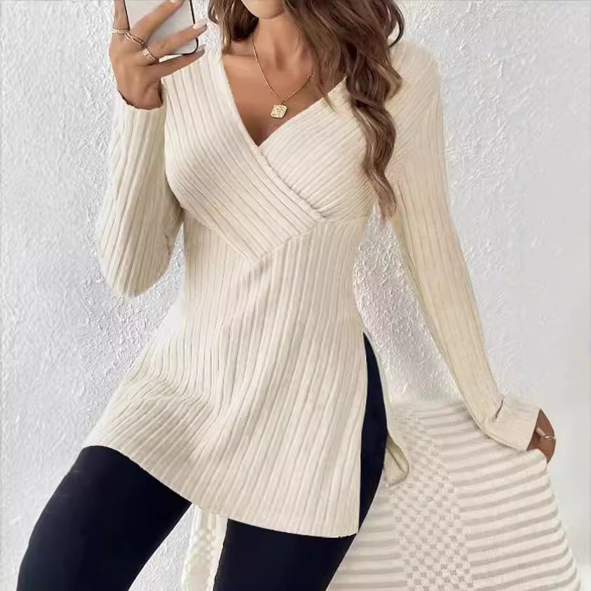 Long Sleeve Solid Color And V-neck Leisure Pajamas