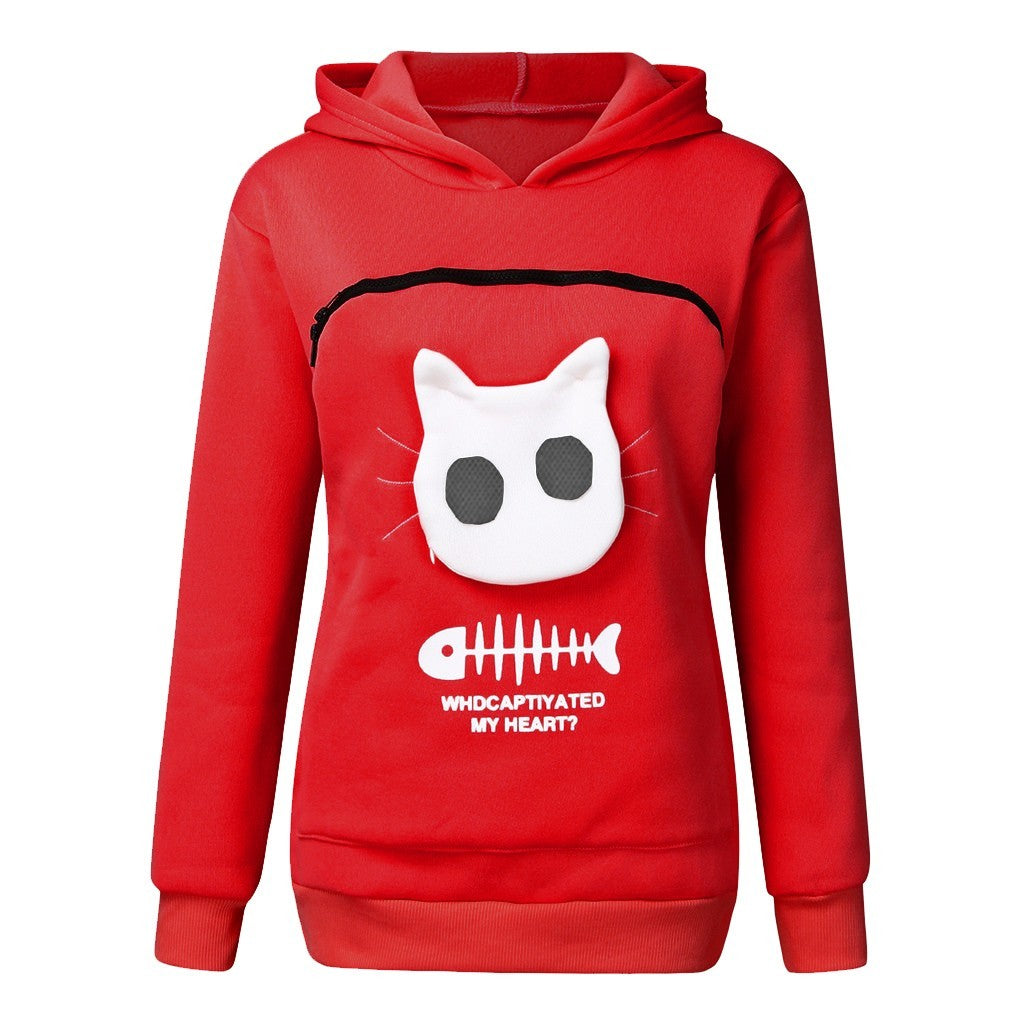 Women's Hoodie Sweatshirt With Cat Pet Pocket Design Long Sleeve Sweater