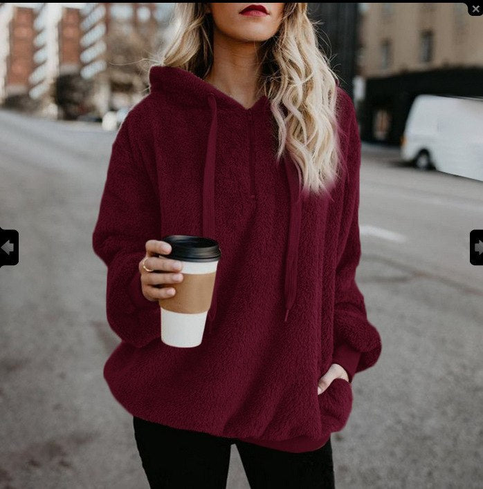 Long-sleeved hooded solid-color sweater