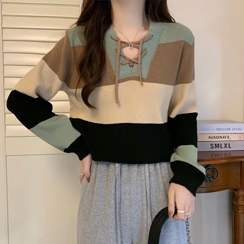 V-collar Contrast Color Short Long-sleeved Sweater