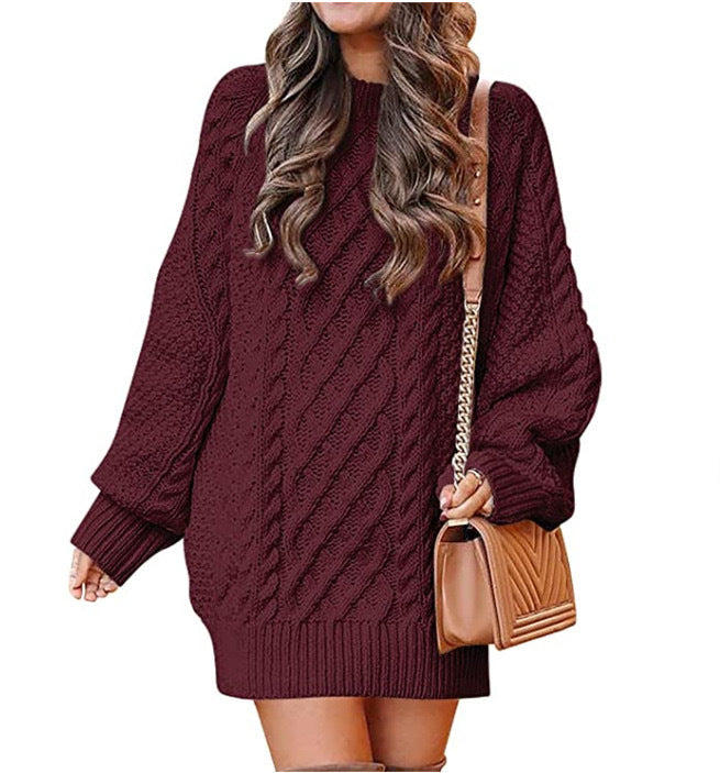 Women's Round Neck Long Sleeve  Mid-length Dress Sweater