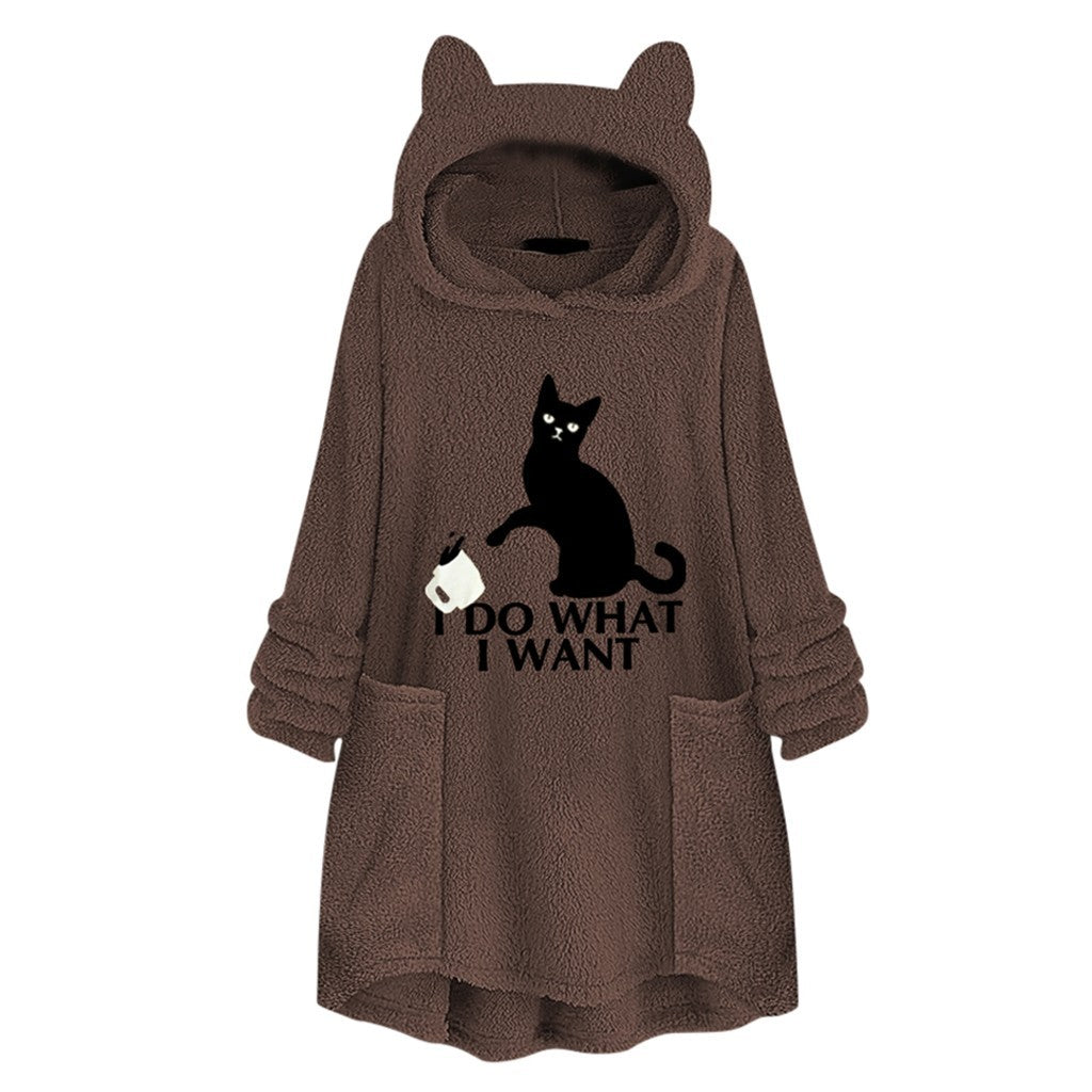 Hooded Pullover Cat Print Long Sleeve Sweater