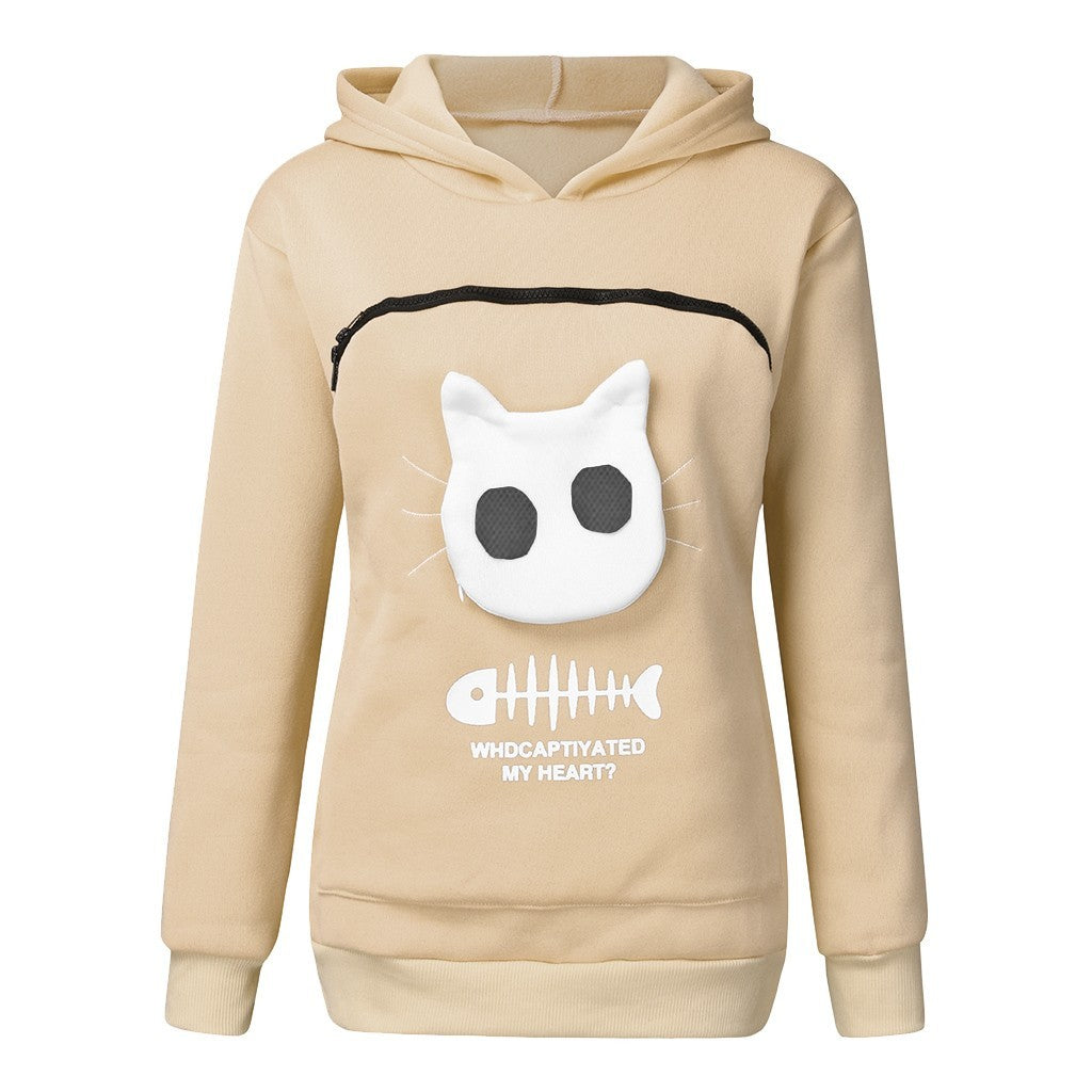 Women's Hoodie Sweatshirt With Cat Pet Pocket Design Long Sleeve Sweater