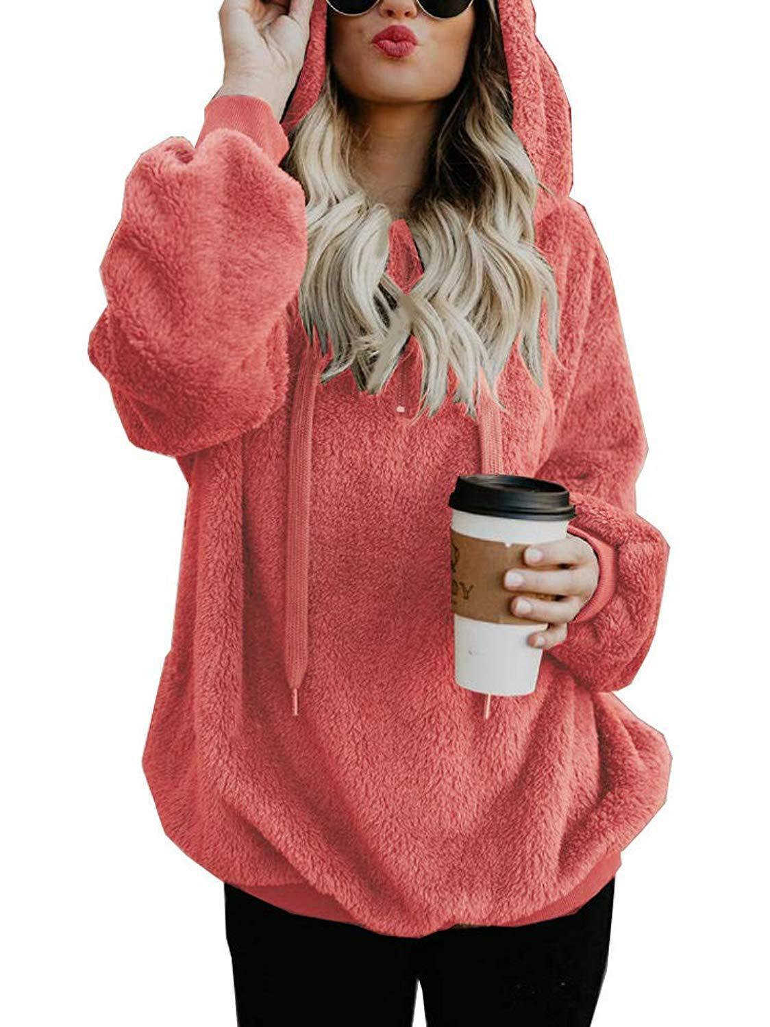 Long-sleeved hooded solid-color sweater