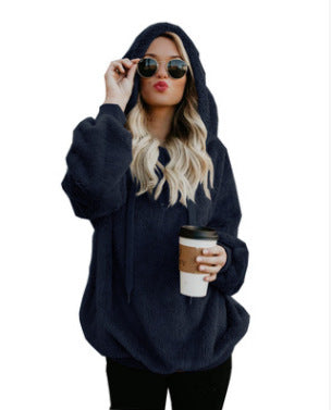 Long-sleeved hooded solid-color sweater