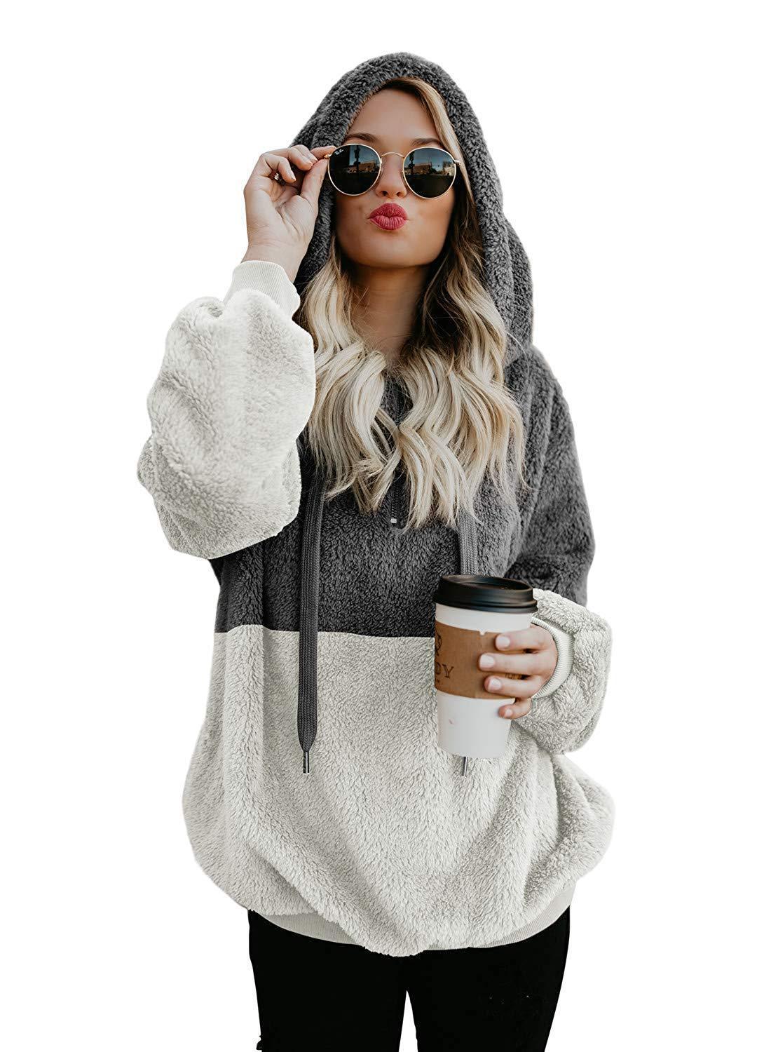 Women Casual Plush Hoodies Winter Lady Hooded Warm Loose Tops