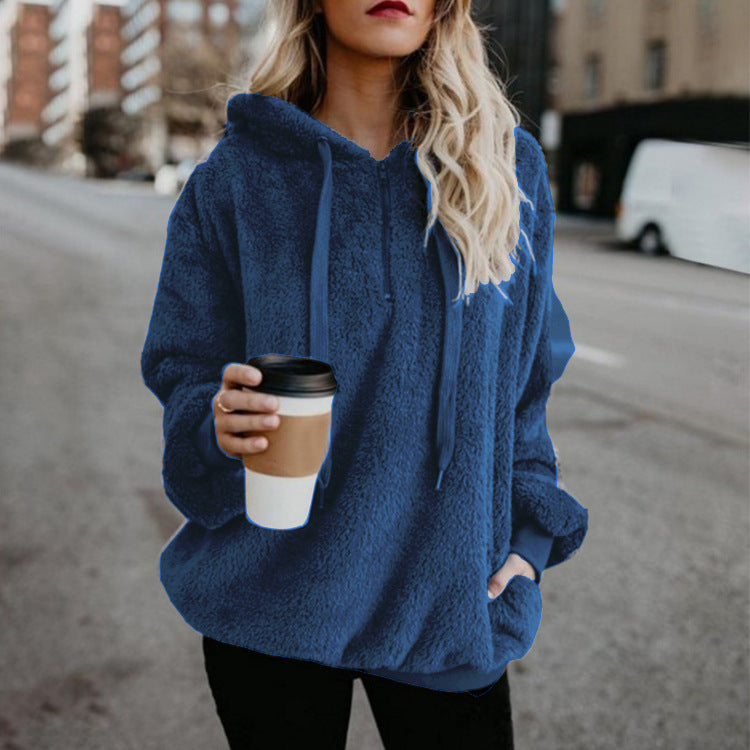 Long-sleeved hooded solid-color sweater