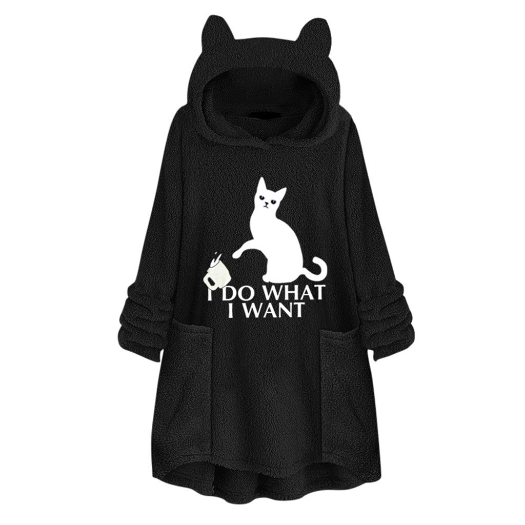 Hooded Pullover Cat Print Long Sleeve Sweater