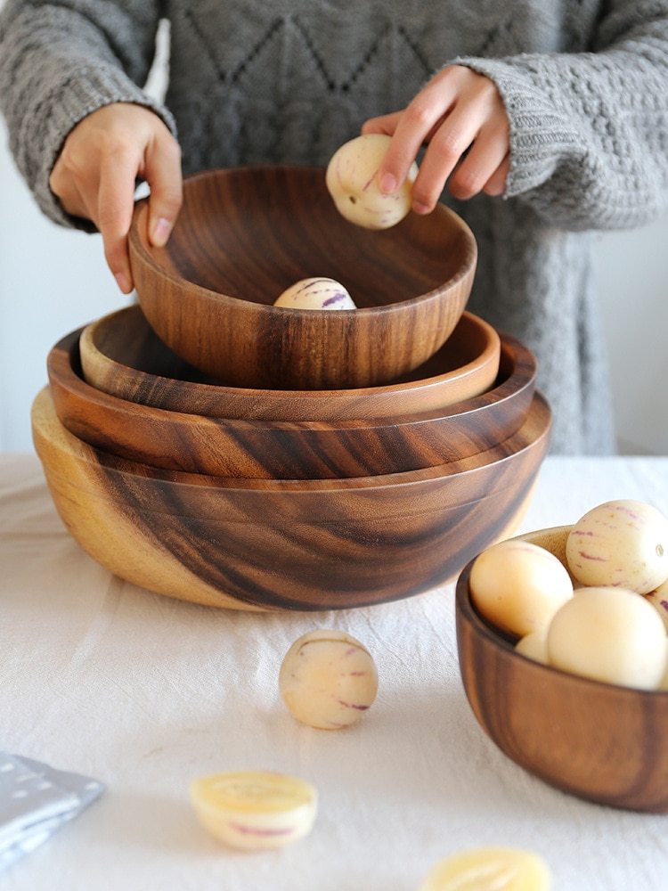 Kitchen Natural Wooden Bowl Household Fruit Bowl Salad Bowl Food Container Wooden