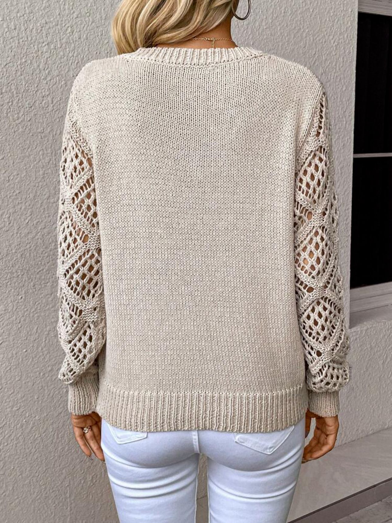 Solid V-neck Pullover Sweater With Hollow long-sleeve