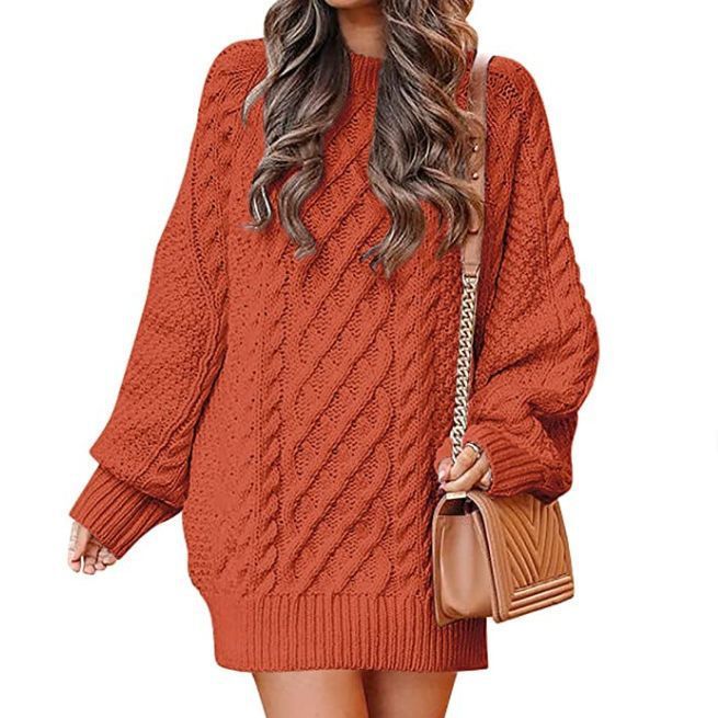 Women's Round Neck Long Sleeve  Mid-length Dress Sweater