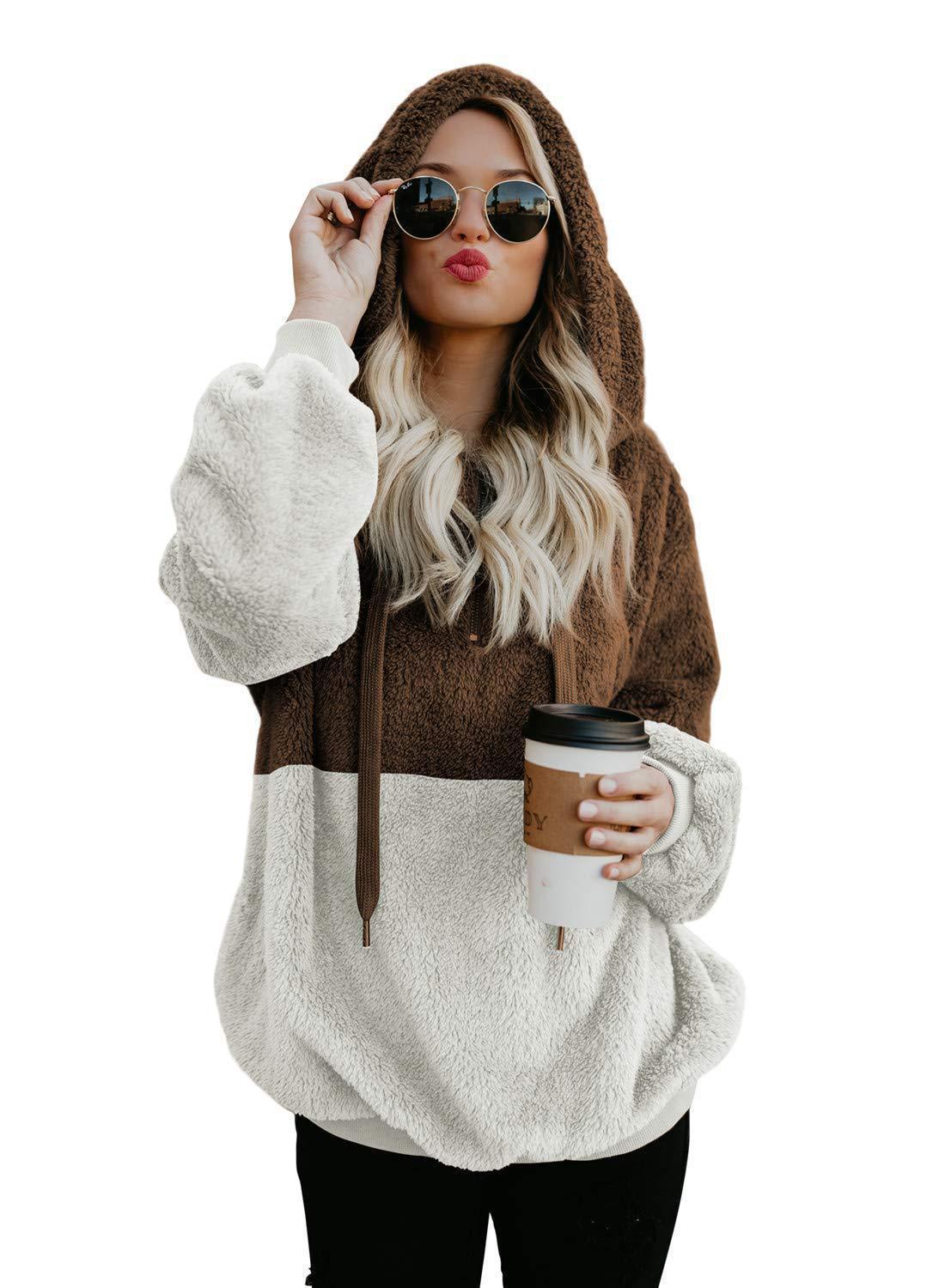 Women Casual Plush Hoodies Winter Lady Hooded Warm Loose Tops