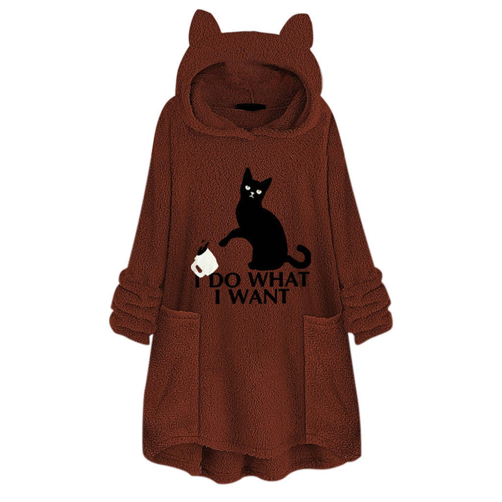 Hooded Pullover Cat Print Long Sleeve Sweater