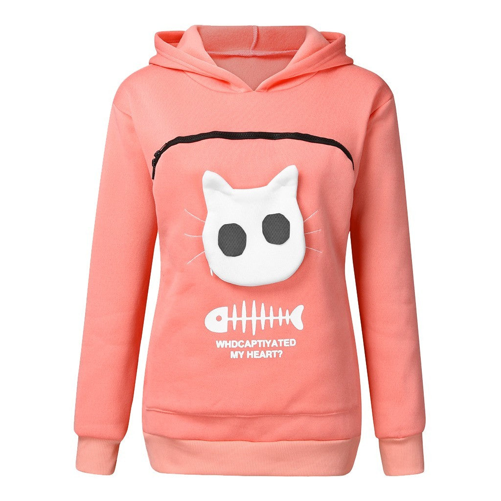 Women's Hoodie Sweatshirt With Cat Pet Pocket Design Long Sleeve Sweater