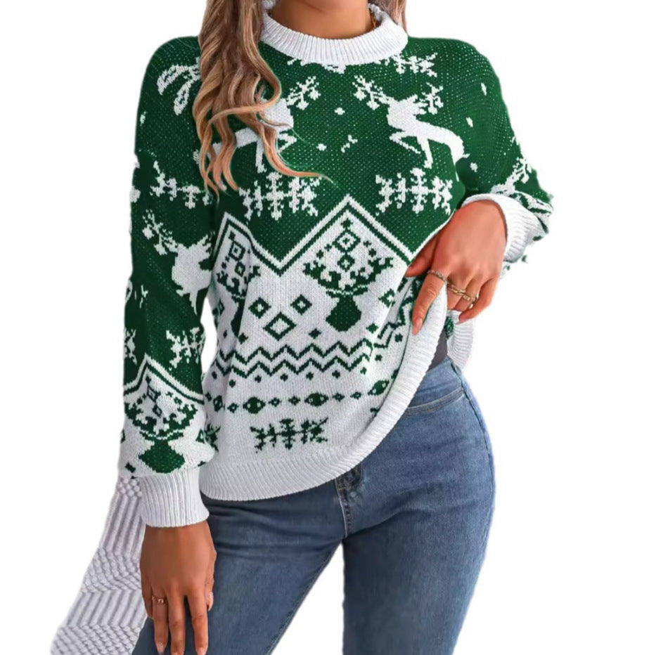 Long Sleeve Hoodie Sweater Christmas For Women Red Green Knitted Pullover Jumper