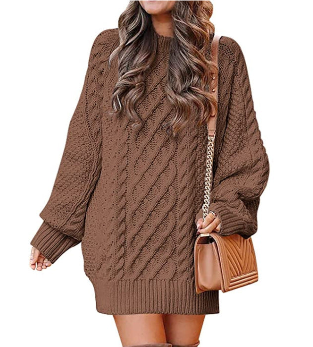 Women's Round Neck Long Sleeve  Mid-length Dress Sweater