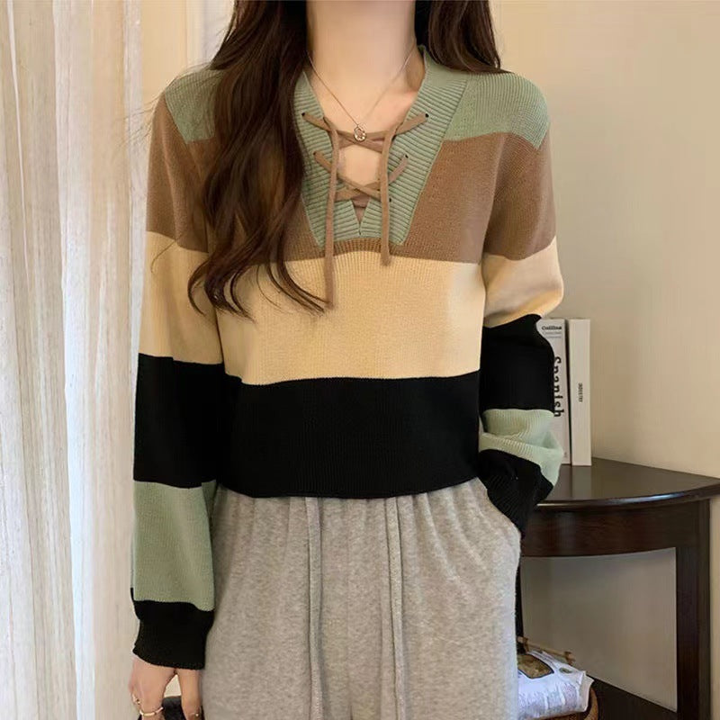 V-collar Contrast Color Short Long-sleeved Sweater