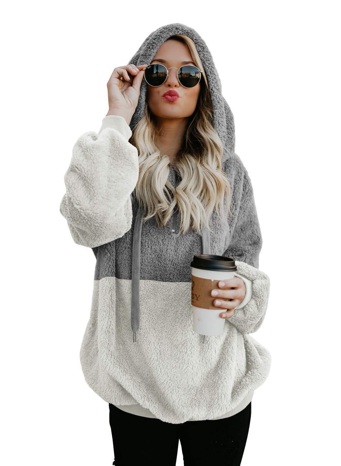 Women Casual Plush Hoodies Winter Lady Hooded Warm Loose Tops