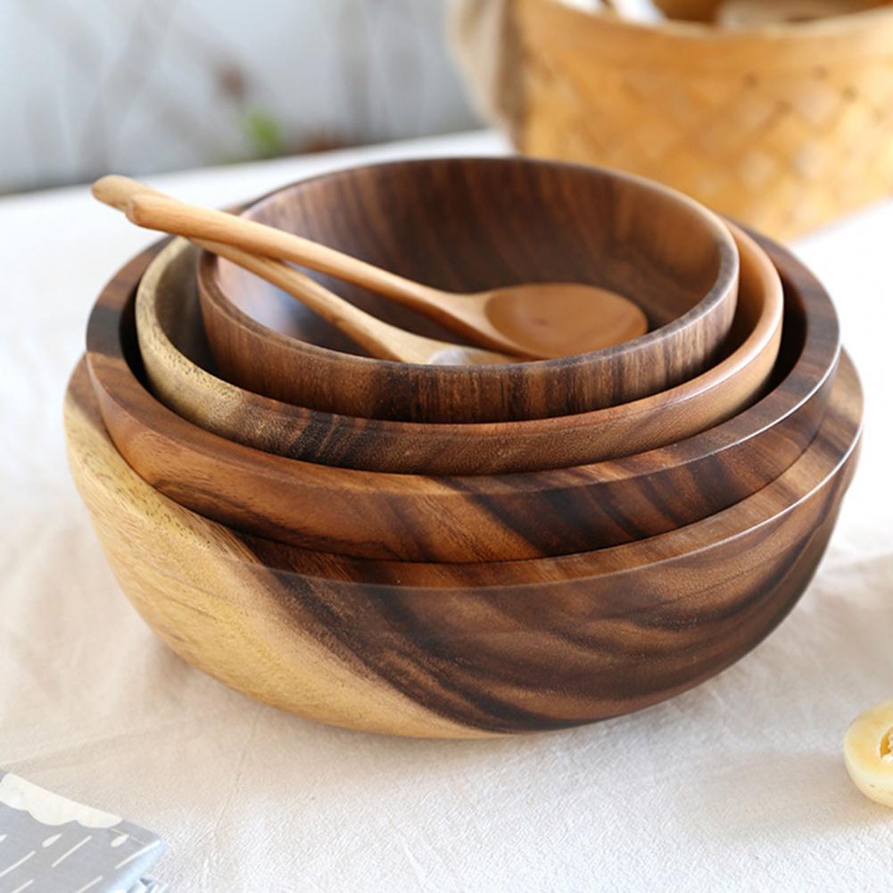 Kitchen Natural Wooden Bowl Household Fruit Bowl Salad Bowl Food Container Wooden