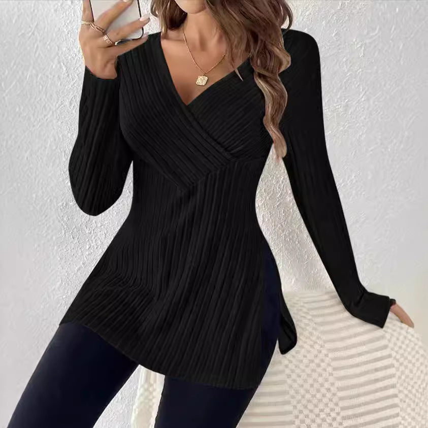 Long Sleeve Solid Color And V-neck Leisure Pajamas