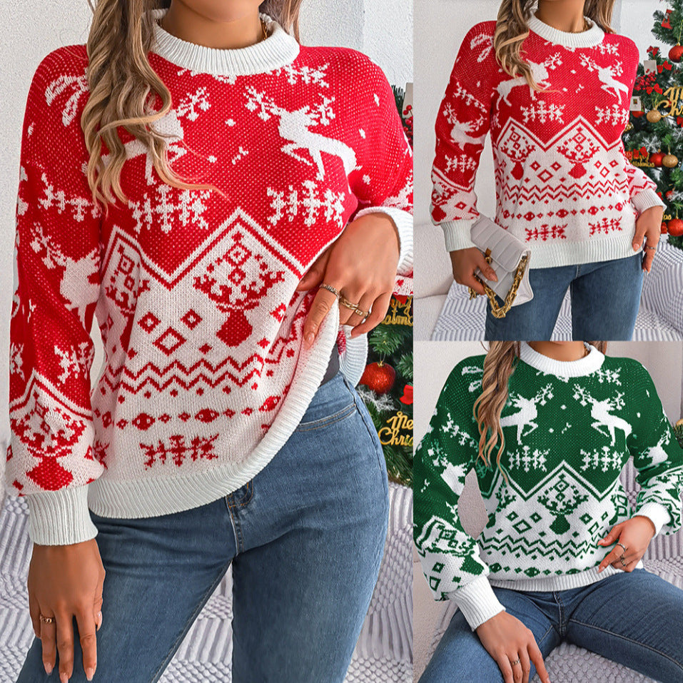 Long Sleeve Hoodie Sweater Christmas For Women Red Green Knitted Pullover Jumper