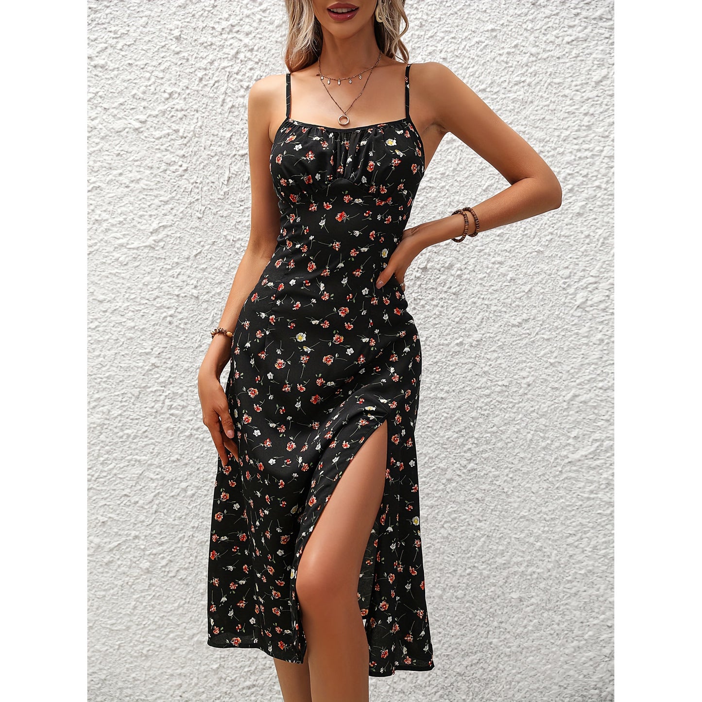 Print Suspender Dress Summer Sexy Slit Long Dresses - Totta Fashion 