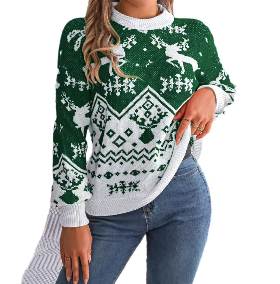 Long Sleeve Hoodie Sweater Christmas For Women Red Green Knitted Pullover Jumper