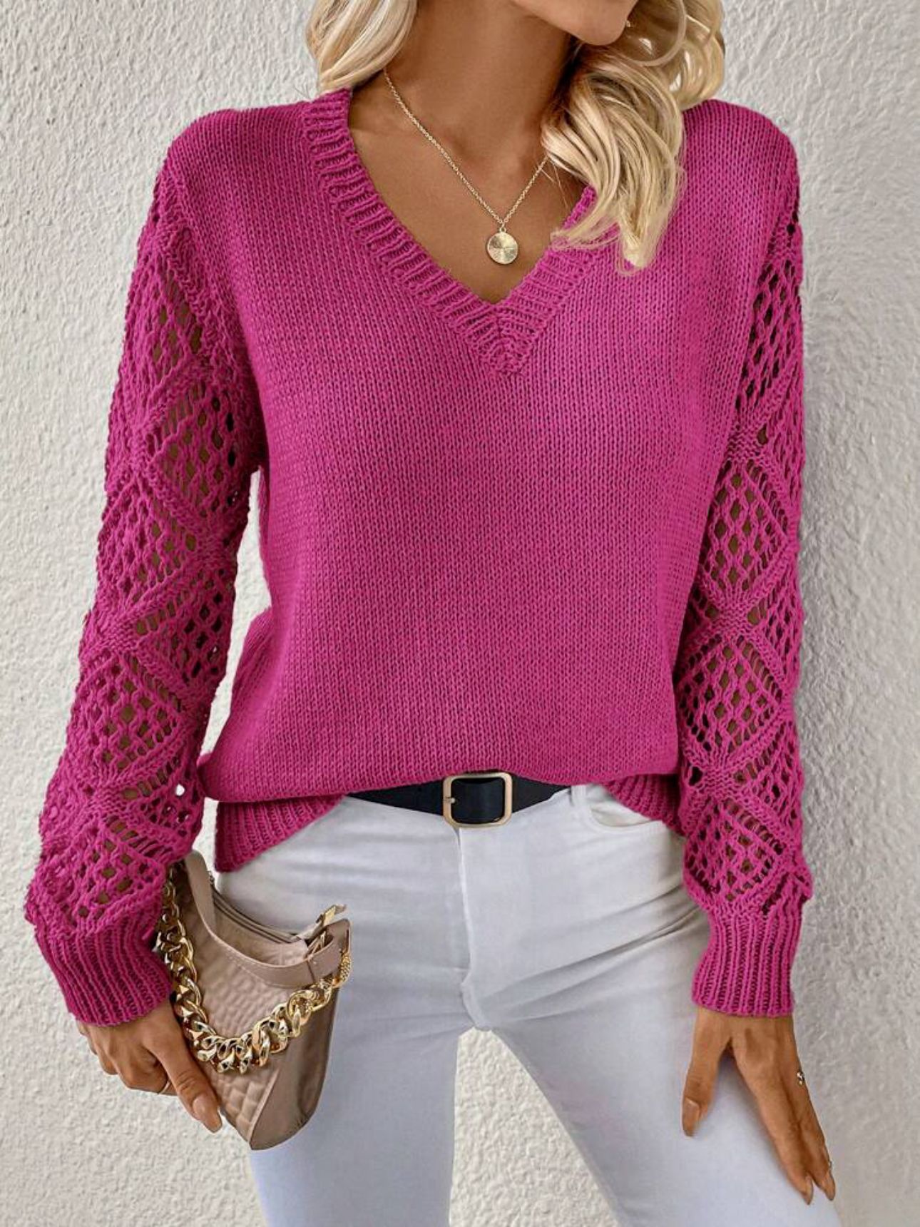 Solid V-neck Pullover Sweater With Hollow long-sleeve