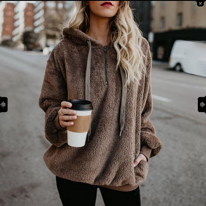 Long-sleeved hooded solid-color sweater