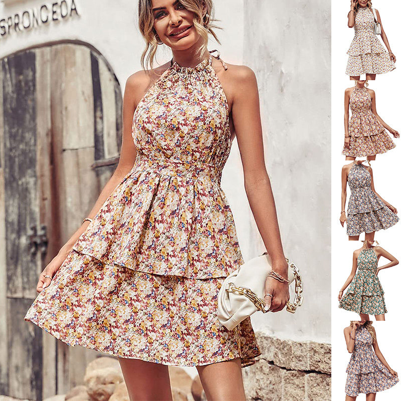 Summer Printed Halter Dress Fashion Backless  Dresses For Women