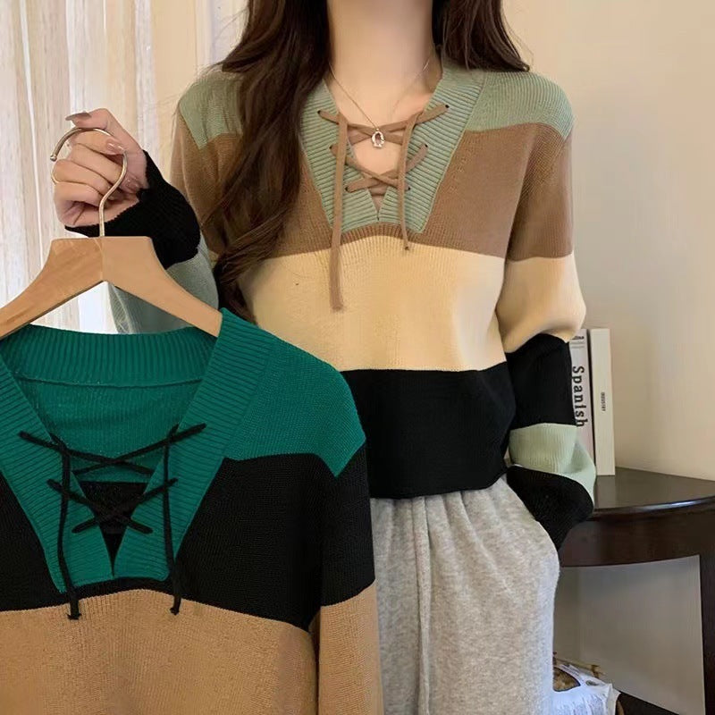 V-collar Contrast Color Short Long-sleeved Sweater