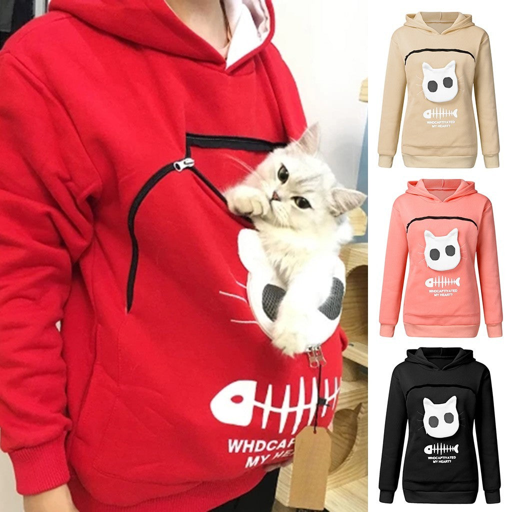 Women's Hoodie Sweatshirt With Cat Pet Pocket Design Long Sleeve Sweater 