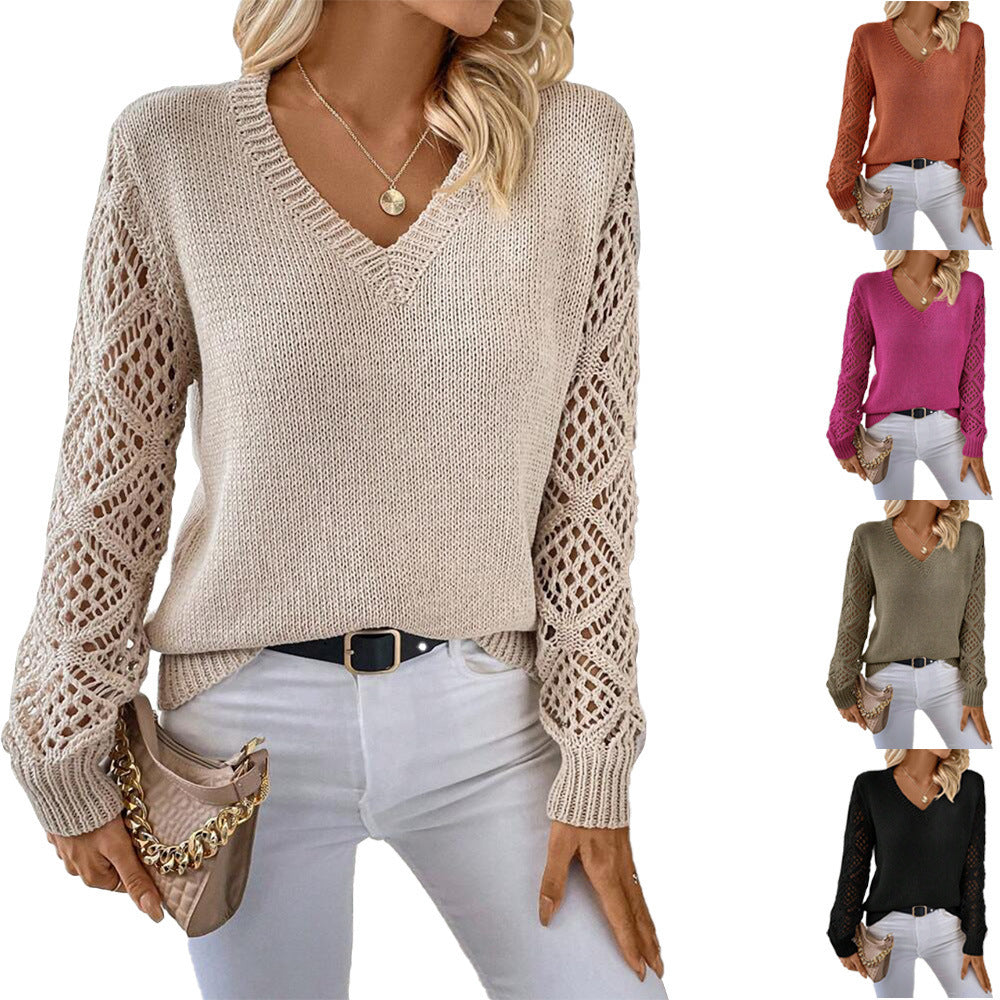 Solid V-neck Pullover Sweater With Hollow long-sleeve