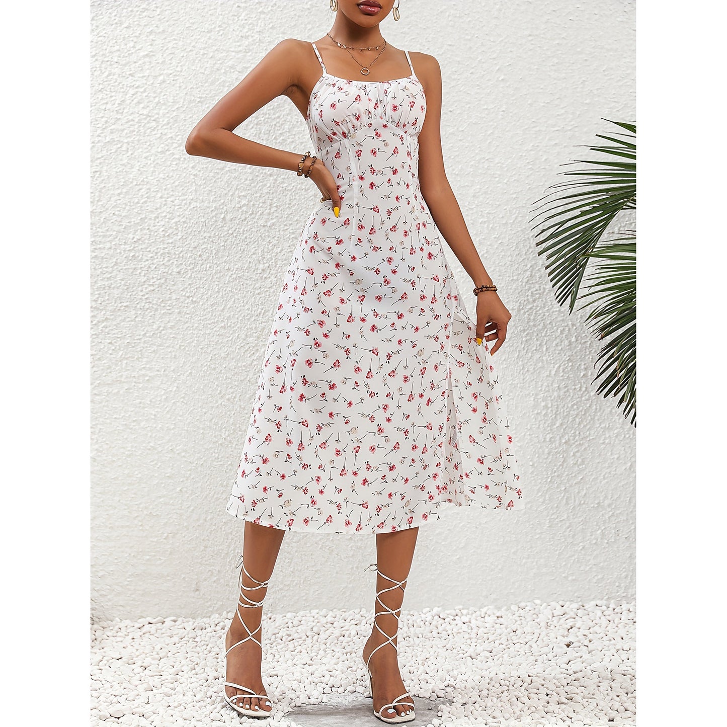 Print Suspender Dress Summer Sexy Slit Long Dresses - Totta Fashion 