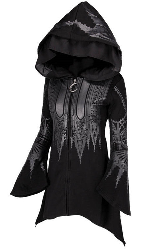 Hoodie Women's Black Long Hooded Printed Sweater