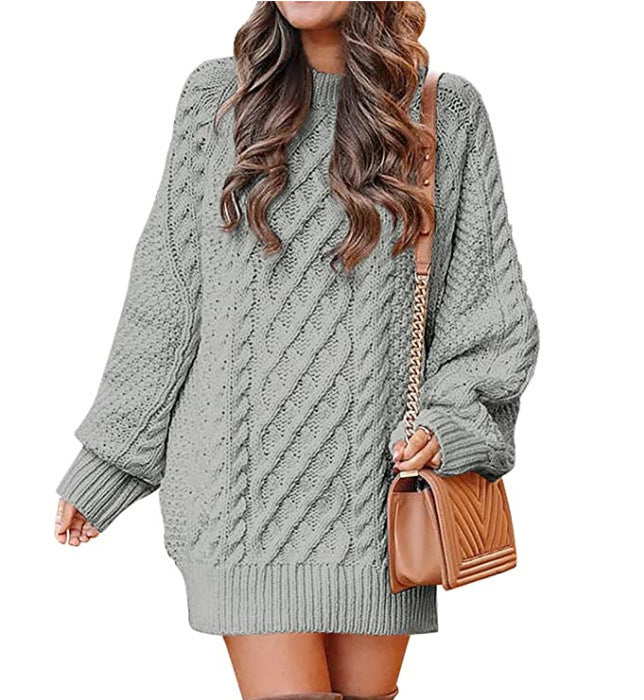 Women's Round Neck Long Sleeve  Mid-length Dress Sweater