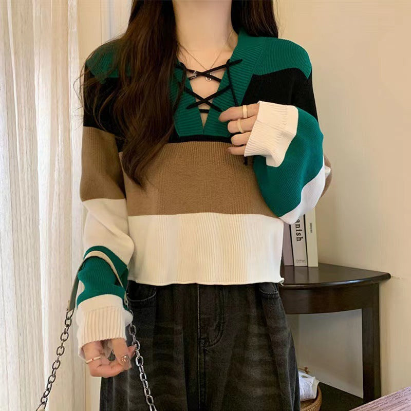 V-collar Contrast Color Short Long-sleeved Sweater