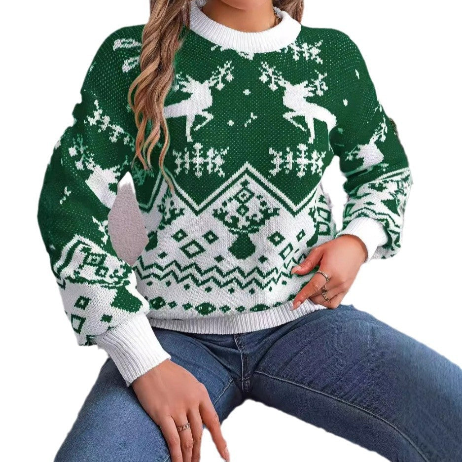 Long Sleeve Hoodie Sweater Christmas For Women Red Green Knitted Pullover Jumper