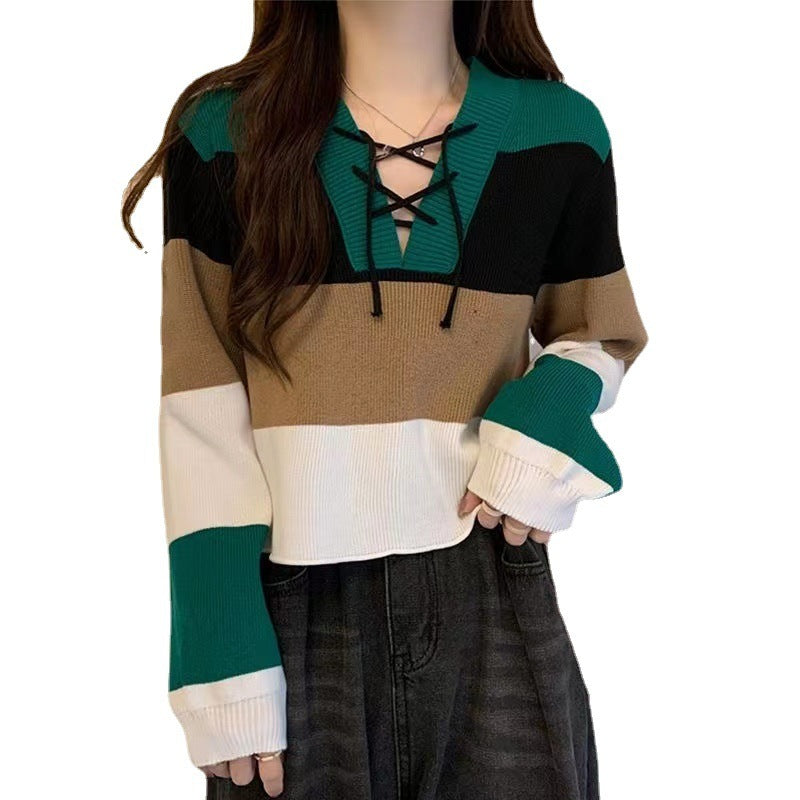 V-collar Contrast Color Short Long-sleeved Sweater