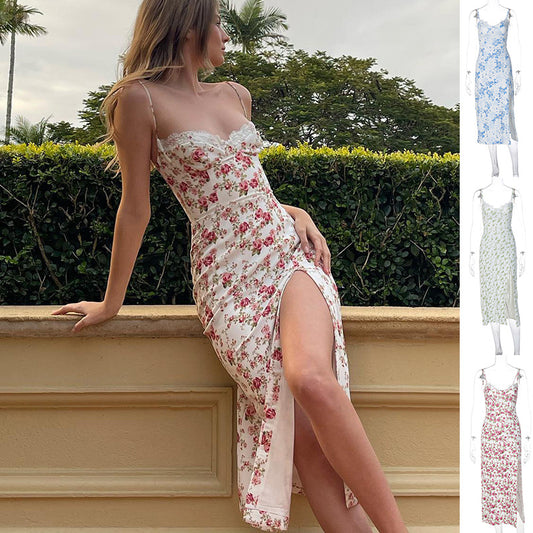 Lace Flowers Print Long Dress Sexy Fashion Dress Summer Women Clothing